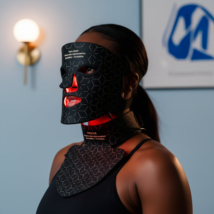 Infraröd ljusterapimask för ansikte, hals och dekolletage 240 + 240 lampor, 460 nm - 850 nm med NiR (nära infrarött ljus).